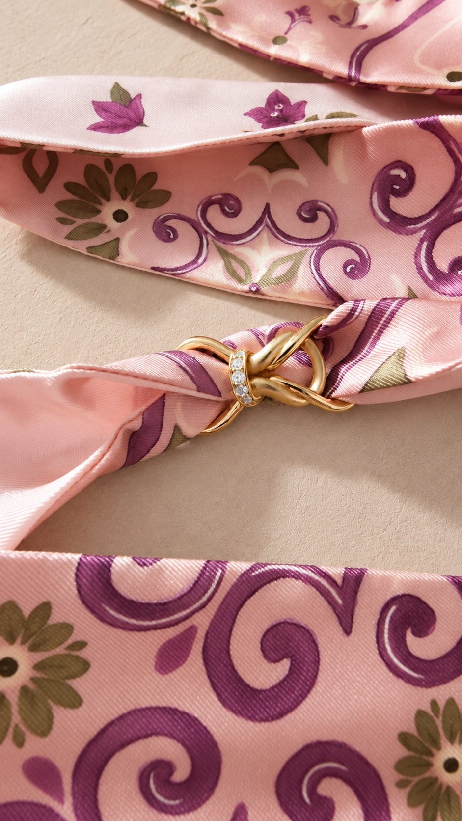 Dettaglio di un MeSilk MEVOY in seta di Como rosa attraversato da un Embrace in vermeil oro 18 kt